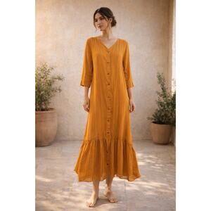 Boho Artisan Button-Down Maxi Dress Marigold Indian-Inspired Lagenlook 38 Medium